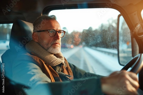 A bearded man in a winter coat gazes out the car window, lost in thought as he drives through the wintry landscape, his reflection staring back at him in the rearview mirror