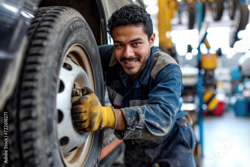 A mechanic carefully inspects the tread of a tire, his focused expression mirrored in the synthetic rubber as he works diligently to keep vehicles safely grounded