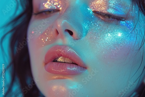 A glimmering transformation of a woman's face, adorned with cosmetics and glitter, radiating beauty and confidence