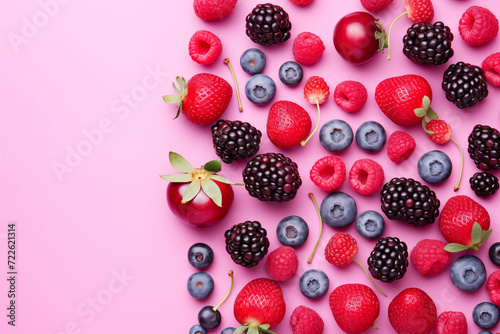 Healthy mix berries fruits clean eating selection on pastel pink background. Strawberry, Cherry, blueberry, raspberry, blackcurrant colorful fruits organic food top view copy space poster