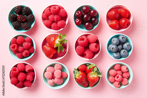 Healthy mix berries fruits clean eating selection in bowls on pastel pink background. Strawberry, Cherry, blueberry, raspberry, blackcurrant colorful fruits organic food flat lay poster