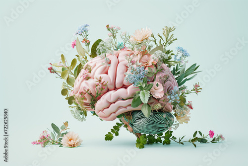 Artificial human brain with flowers and herbs on pastel blue background