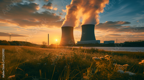 Wide View of Nuclear Power Facility with Cooling Towers Releasing Steam