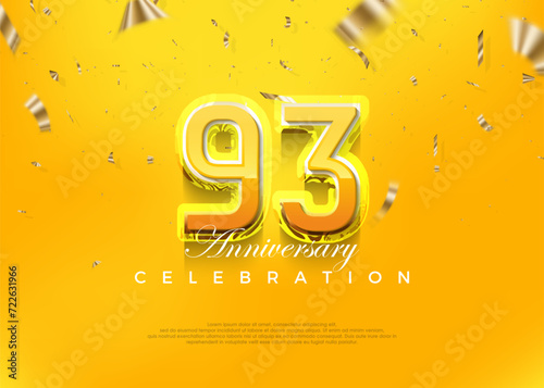 Premium 93rd anniversary celebration design, with modern yellow 3d numbers. Premium vector background for greeting and celebration.