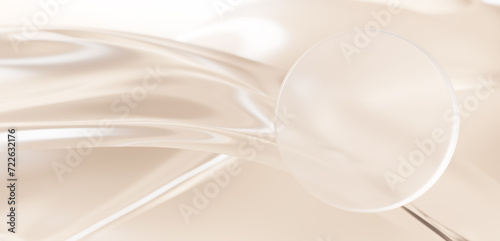 ベージュ背景に透明なガラスの円と布。コピースペース。3D（横長）