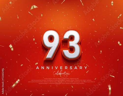 93rd Anniversary. with white 3d numbers on fancy red background. Premium vector background for greeting and celebration.