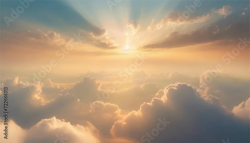 神聖な空と雲の背景 光 太陽 夜明け 夕焼け フレーム イラスト素材 AI生成画像