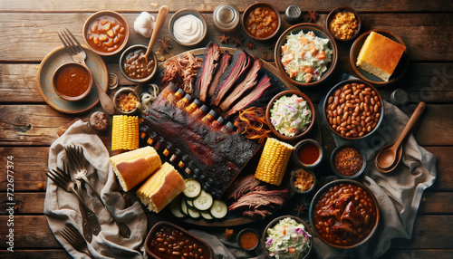 Rustic and hearty American barbecue feast featuring smoked ribs, brisket, pulled pork, cornbread, coleslaw, and baked beans on an outdoor picnic table