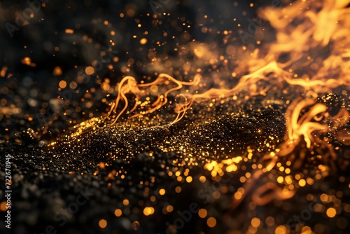 Flame of fire with sparks on a black background, Close-up