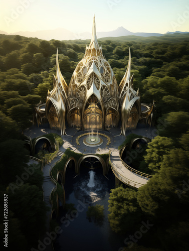 Aerial View of a Fantasy Castle in the Woods