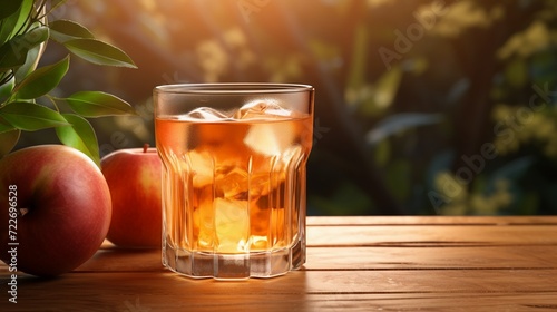 Glass of apple juice with ice cubes on wooden table against blurred background.
