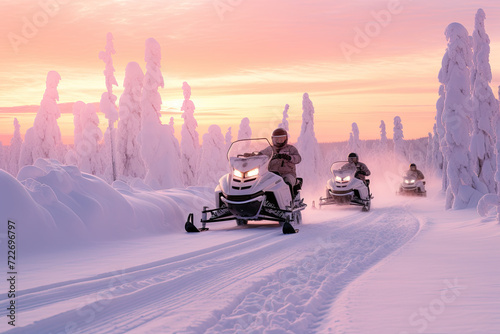 Group of snowmobiles in heavy snow