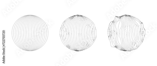 Set of dotted spheres with dissolve effect. Stippled disintegrating circle collection. Halftone textured balls with noise dot work grain. Radial grunge particles. Dot sphere element bundle. Vector