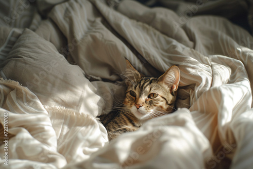 Cute tabby cat lying on bed at home in the morning, Generative Ai
