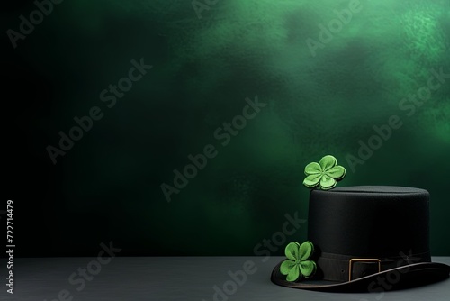 Hat with clover leaf irish on green dark background. St.Patrick’s Day. presentation. advertisement. invite invitation. copy text space.