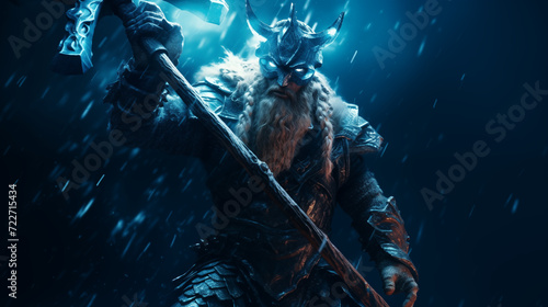 Guerrier viking mort-vivant brandissant une arme. Divinité de la foudre et des éclairs.