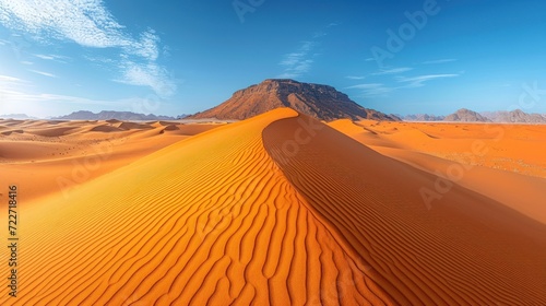  a sand dune in the middle of a desert under a blue sky with a mountain in the middle of it.
