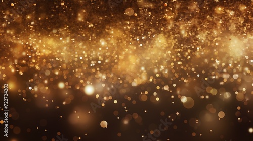 Shinny golden glitter particles with shinning gold floating dust particles flare on dark background. Created with Generative AI