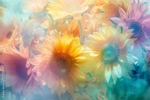 Dreamy and artistic floral background: close-up of colorful sunflowers composition with soft and gentle hues background, pestle color theme, bokeh effect...