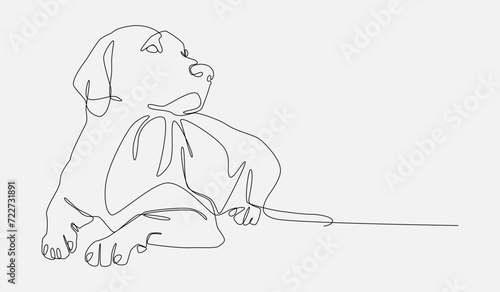 one continuous line drawing of a retriever dog sitting and relaxing. editable stroke. vector illustration.