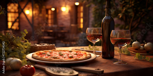 Romantic candlelit dinner for two with a heart shaped pizza and glasses of wine AI Generative 
