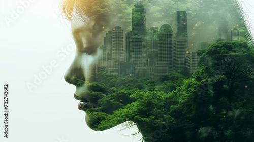 Sustainable development,ESG (Environment Social and Governance),RECs concept.double exposure woman Ecology renewable energy,reduce CO2 emissions carbon footprint climate change to limit global warming