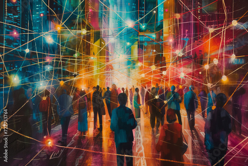 A lively cityscape painting with vibrant colors, portraying a diverse group of interconnected individuals within a web-like network, symbolizing unity and collaboration.