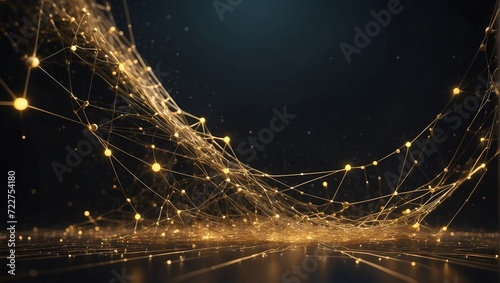 Stand background, Technology and futuristic concept, Showcase, Empty space, Backdrop, Animation. Gold colored 3d rendered network connection plexus design. Particle dots and lines on dark background w