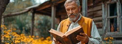 A priest, reverend, or clergyman reading from a bible while donning a clerical collar. A preacher sharing the gospel in front of an antiquated, rural, and rustic church