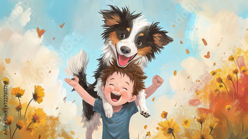 Little boy playing with good dog on light background. Watercolor illustration