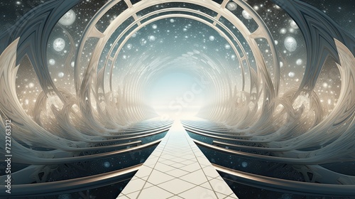 Background that features a bridge or portal connecting two different dimensions, with contrasting elements from each dimension extending in opposite directions.
