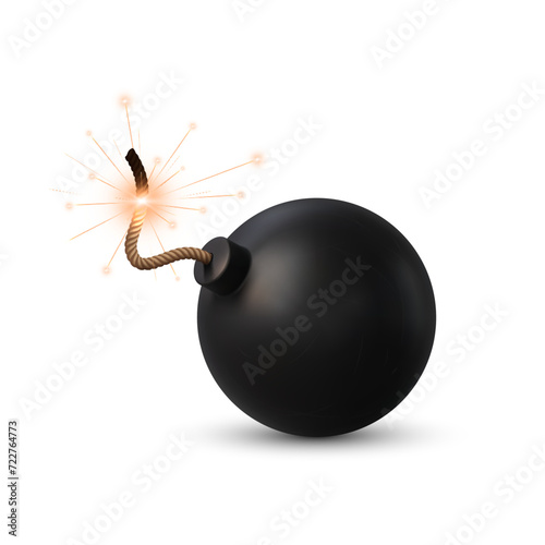 Realistic bomb with burning fuse, cannonball or TNT explosive, vector dynamite ball. Black bomb with fire wick fuse sparks for boom or detonator and explosive weapon, isolated realistic object