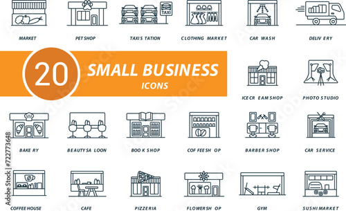Small business outline icons set. Creative icons: market, pet shop, taxi station, clothing market, car wash, delivery, ice cream shop, photo studio and more