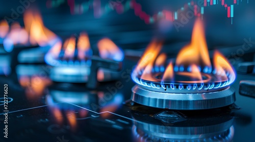 gas stove burners. natural gas. cost growth concept with gas burners and stock charts blurred on background. generative AI