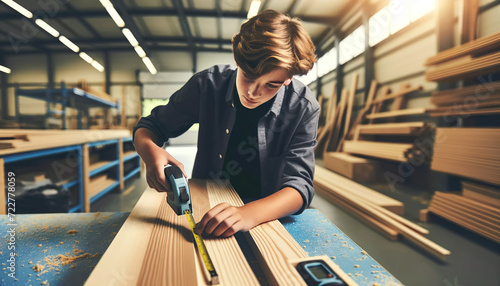  A teenage boy apprentice working in a carpenter's workshop. As an apprentice, you will receive job training and learn basic carpentry and technical skills, and building code requirements