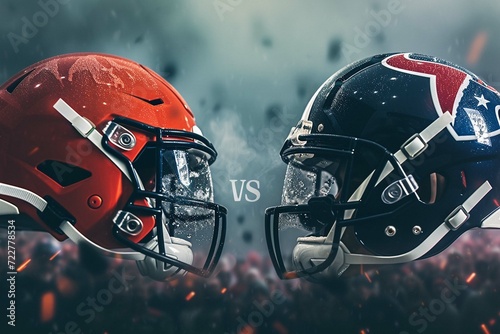 wide poster of hothead to head American football helmets challenge match advertisement banner with the VS letters for versus in the middle