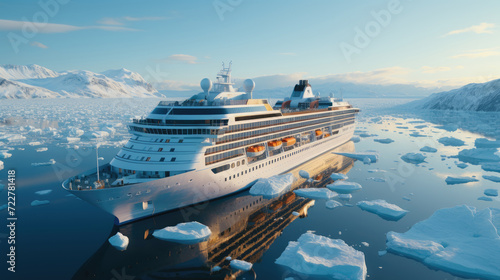 A modern, white cruise ship sails the Arctic Ocean, among ice floes and asbergs. Travel and vacation. En route.