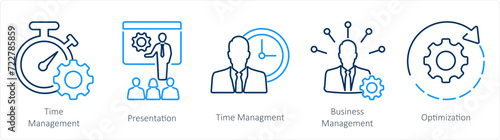A set of 5 mix icons as time management, presentation, business management