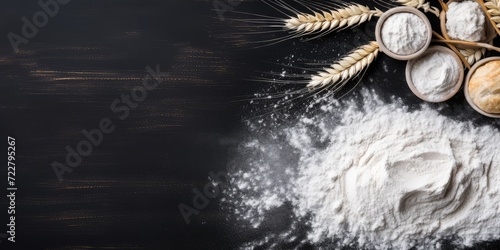 Flour Texture Background, Wheat Flour Pattern with Copy Space, Bakery Banner Mockup, Black Table Plate