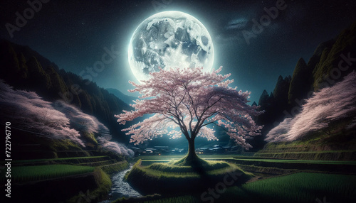 満月に照らされる一本桜