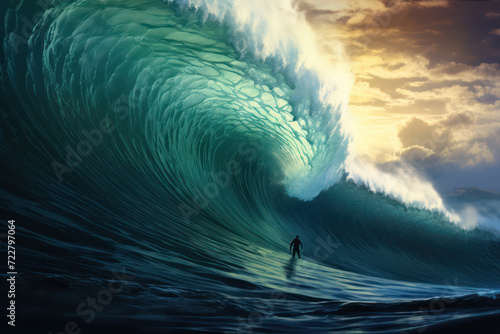 Illustration of an Australian surfer, a man in his early 30s, overwhelmed by a giant wave, disappearing under the water