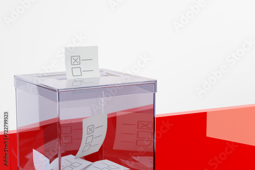 Transparent ballot box on a white-red background, 3D illustration