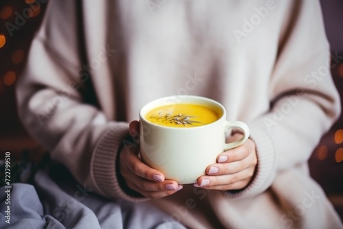 Turmeric latte. Yellow tea. A woman holds a mug of turmeric tea. Warming drink