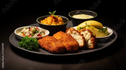 Traditional Polish Chop, Breaded Cutlet, Roasted Pork Steak in Breadcrumbs with Fresh Cabbage Salads