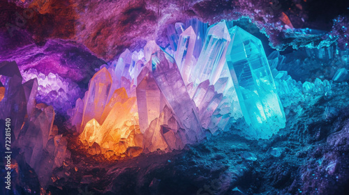 Many color gem glass stalagmite formations inside cave