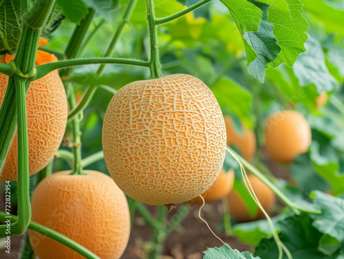 Ripe cantaloupes hanging on the vine in the field.