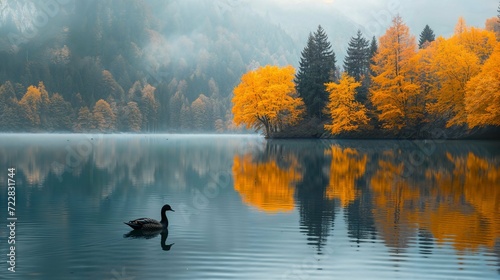 cygne noir posé sur un lac en automne