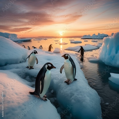 Flock of penguins in Arctic , photo generated with AI 