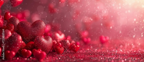 Abstract background for Valentine Day with red Hearts copy space. Wide format banner. AI Generated
