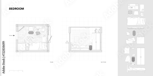 Architectural Drawings, bedroom plan vector interior illustration furnitures, top view, side, Minimal style hand drawn, set elements for architecture and design. Sections, Elevations, Floor Plans. 